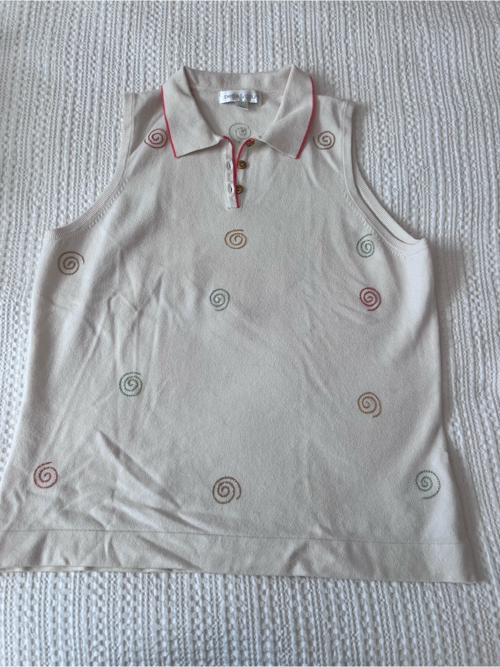 Bette and court Cream Sleeveless Polo Tank Top with Multicolor Spiral Motifs
